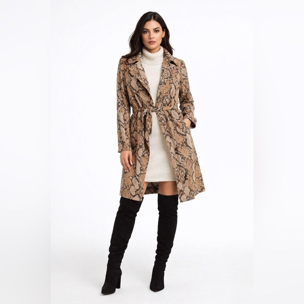 H&M Women’s Brown Snake Print Belted Lyocell Trench Coat Size 10